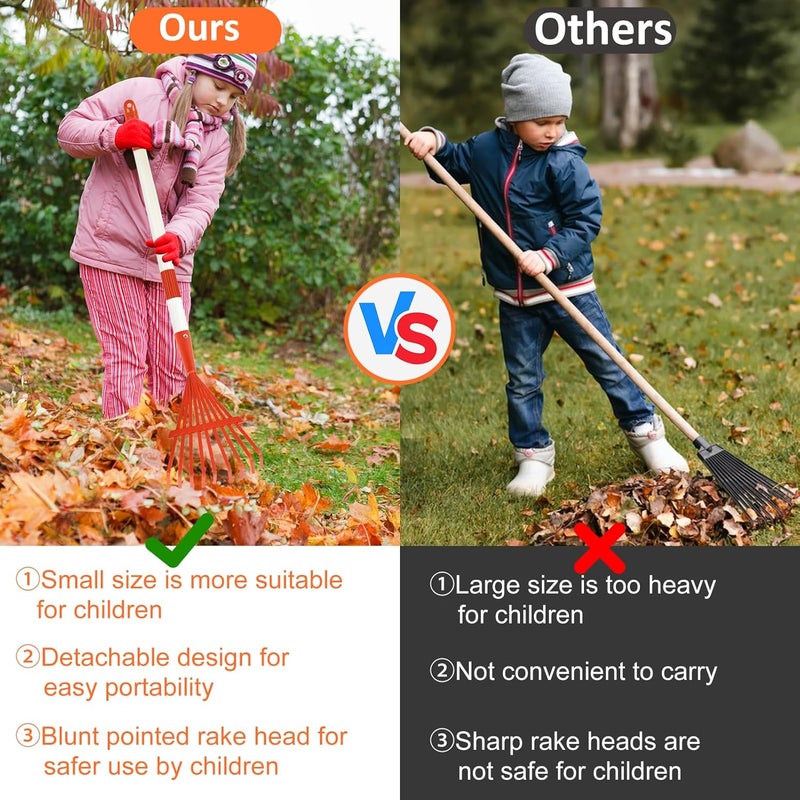 Fantang 2PCS Kids Rakes for Leaves, 28" Child Size Garden Yard Rake Childrens Lawn Rake Toddler Leaf Rakes Blue Red Metal Head with Detachable Hardwood Handle Great Gardening Tools for Boy Girl - Image 4